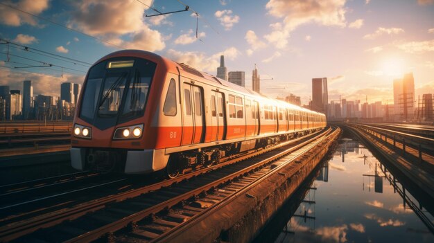 Foto el tren viaja por las vías por la noche