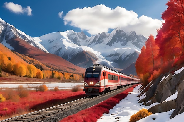 Tren viajando en las montañas de otoño Ferrocarril a través del bosque de otoño