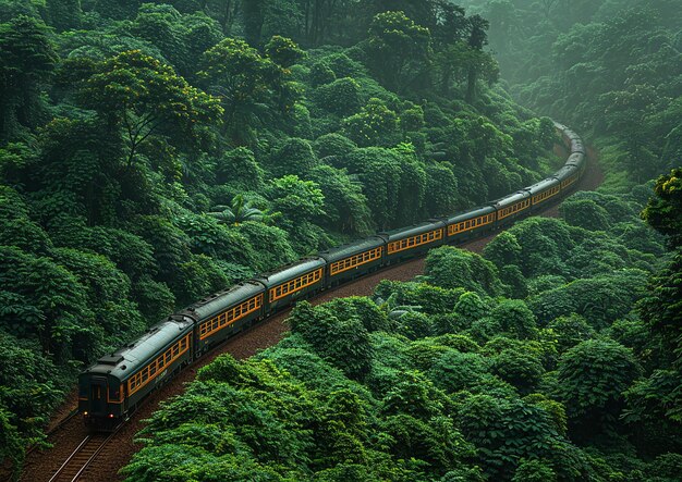 Foto un tren está viajando a través de un bosque exuberante