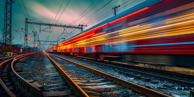 Un tren viajando por las vías por la noche