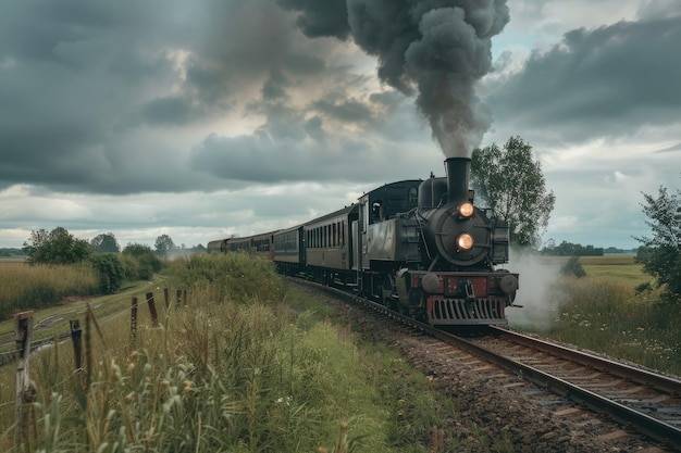 Foto un tren viajando por las vías del tren al lado de un campo verde exuberante