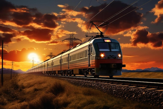 un tren en las vías al atardecer