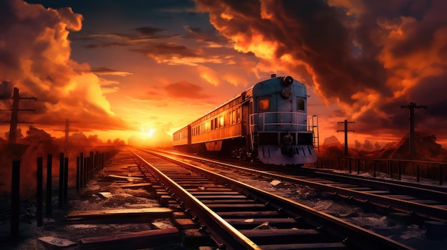 Un tren va por las vías al atardecer.