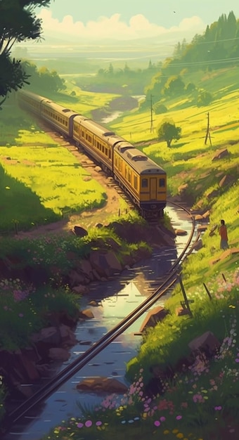 Un tren va por las vías en un campo.
