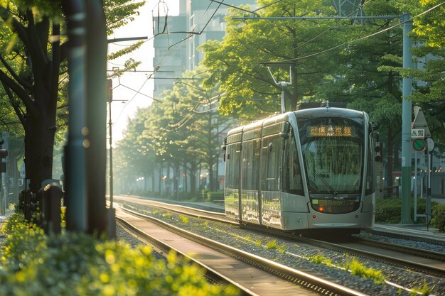 Foto un tren en las vías de una ciudad