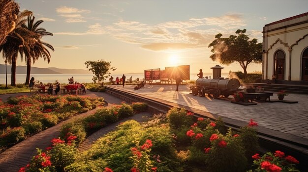 Foto un tren está en las vías delante de una puesta de sol