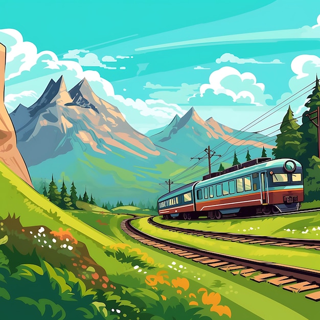 un tren va por las vías en una escena de montaña.