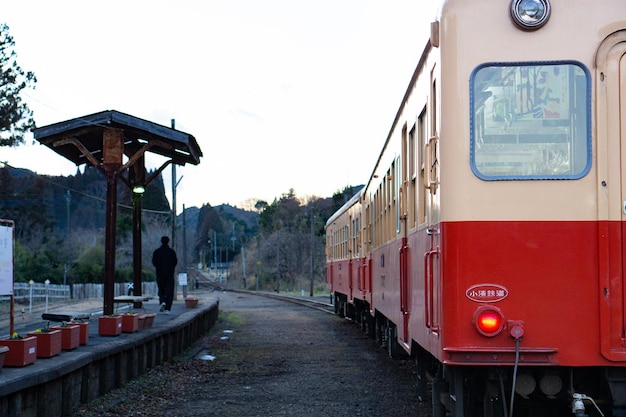 Tren en las vías del ferrocarril contra un cielo despejado