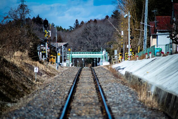 Tren en las vías del ferrocarril contra el cielo