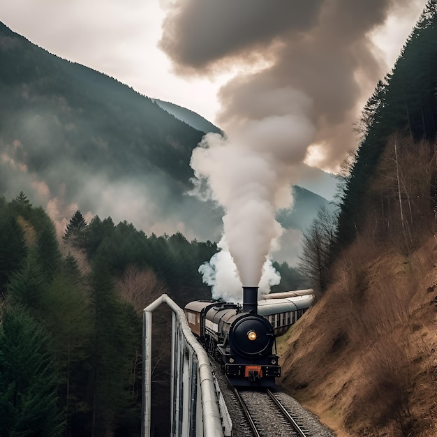 Foto un tren va por las vías del que sale humo.