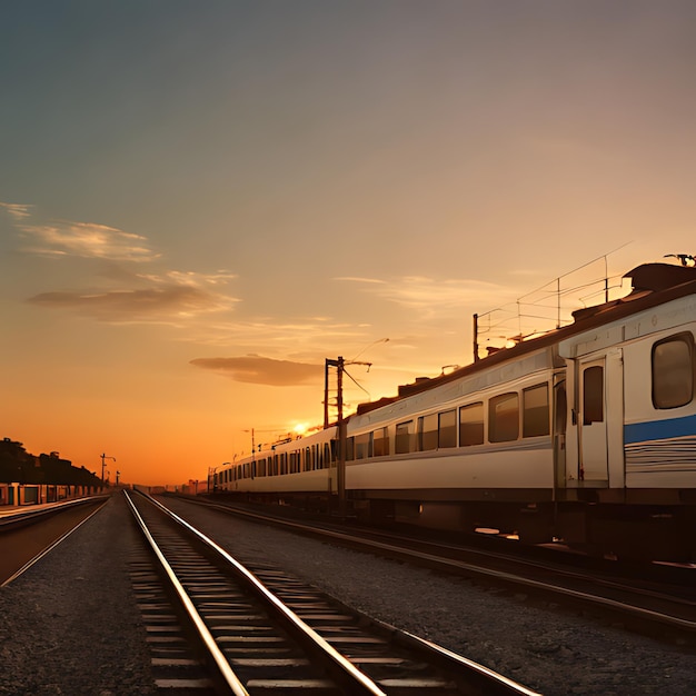 Foto un tren está en las vías con el sol poniéndose detrás de él