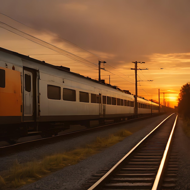 Foto un tren está en las vías con el sol poniéndose detrás de él