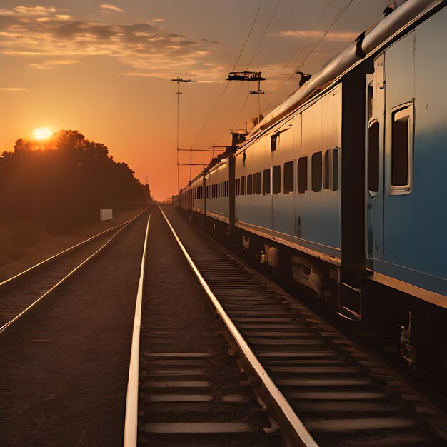 Foto un tren está en las vías con el sol poniéndose detrás de él