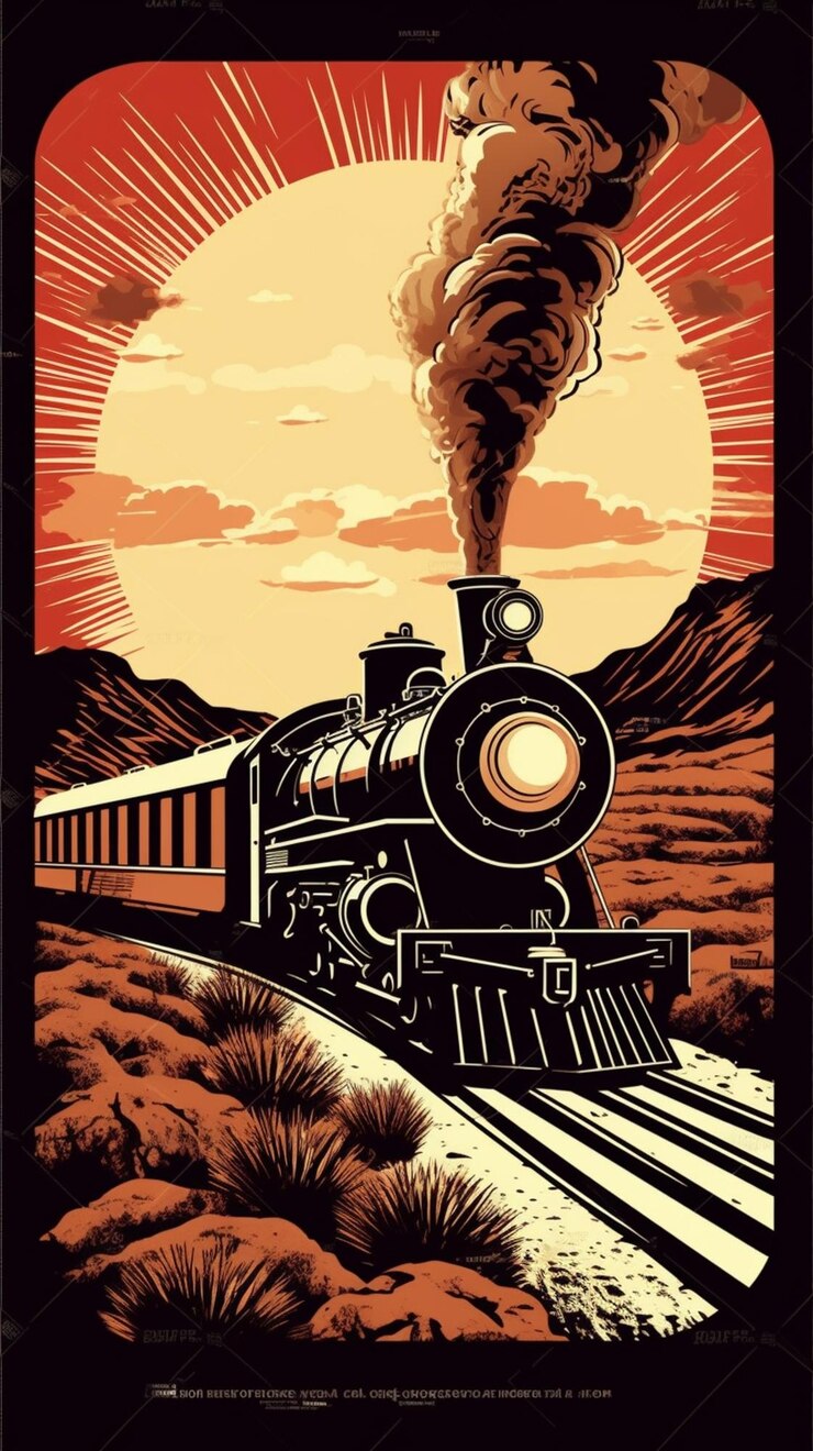 un tren vintage viajando a través del desierto con una máquina de vapor generativa ai