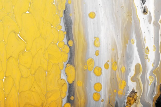 Foto trendfarben von 2021. grauer farbfluss mit gelben blasentropfen. marmoreffekthintergrund oder -beschaffenheit. fluid art.-nr.