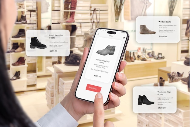 Trendige Schuhe in einem Schuhladen Online-App auf einem Smartphone mit einem Buy Now-Button Schwimmende Ballons