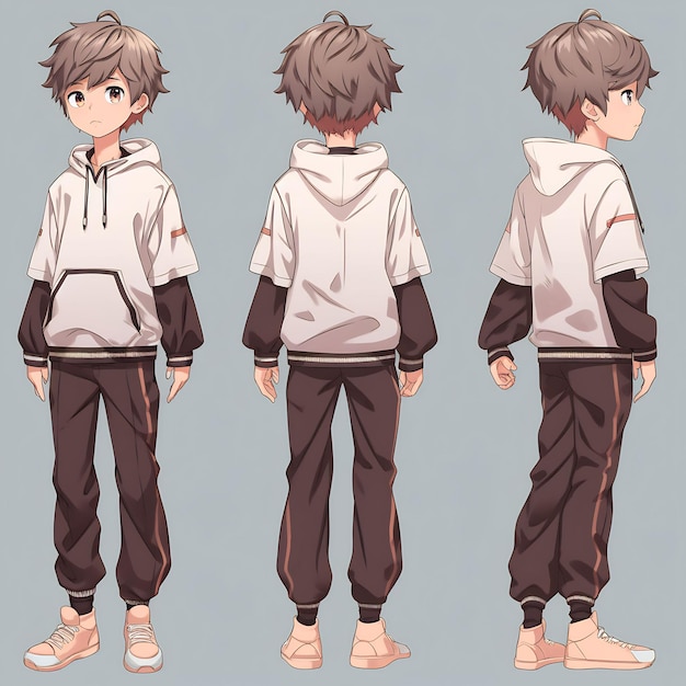 Trendiges Anime-Jungen-Charakter-Turnaround-Konzeptkunstblatt, das das stilvolle Design eines hübschen Teenagers zeigt