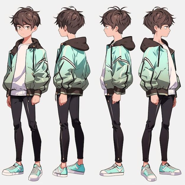 Trendiges Anime-Jungen-Charakter-Turnaround-Konzeptkunstblatt, das das stilvolle Design eines hübschen Teenagers zeigt