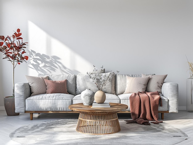 Trendiges graues Sofa, geschmückt mit pastellrosa Kissen und einer burgundischen Decke