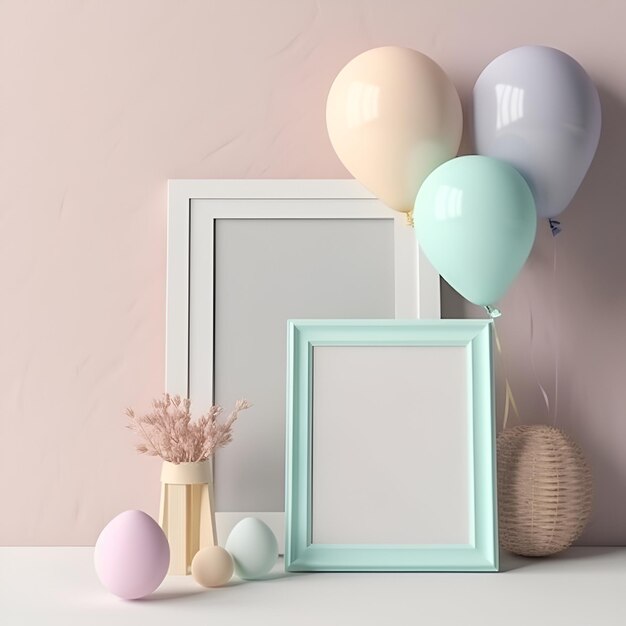 Trendiges Modell mit Fotorahmen und Luftballons in einer Vase in hellen Pastellfarben. Ein Fotorahmen auf einem Tisch oder einem Regal mit Luftballons, kreatives Konzept, Kopierraum, Modell mit Dekorelementen, generative KI