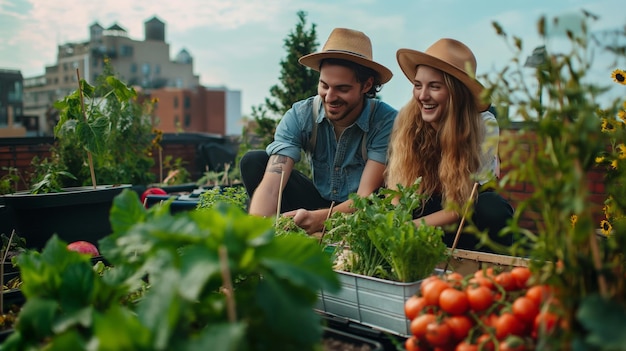 Trends im städtischen Gartenbau Porträt Stilvolles junges Paar, das Bio-Gemüse auf der Dachterrasse anbaut