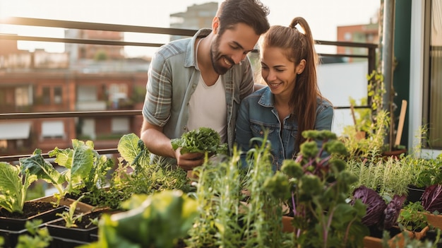 Trends im städtischen Gartenbau Porträt Stilvolles junges Paar, das Bio-Gemüse auf der Dachterrasse anbaut