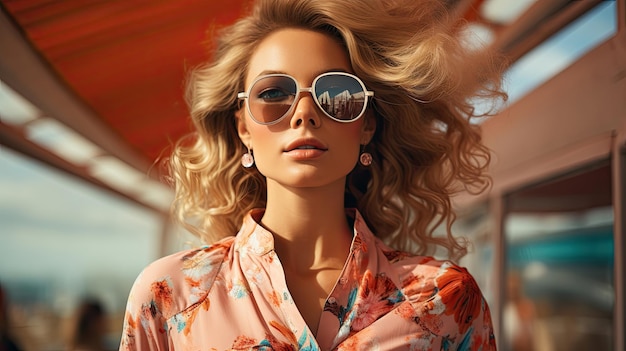 Foto trendy 60-jahre-stil frau mit sonnenbrille und großem strohhut tropische reise urlaub mit palmen