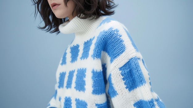 Trendy Fashion Porträt gemütlicher blau-weißer Strickpullover gegen weichen blauen Hintergrund