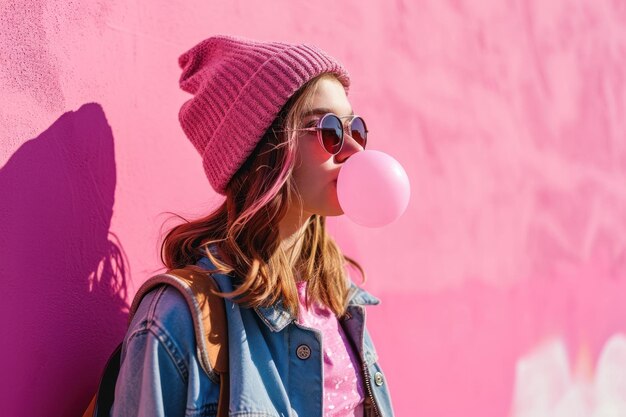 Trendy junger Teenager mit Skateboard-Look, der Kaugummi auf rosa Hintergrund bläst