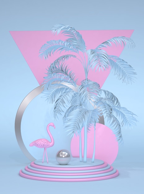 Trendy summer tropical pastel composição 3d estilo abstrato flamingo rosa quadro de círculo fundo vertical azul