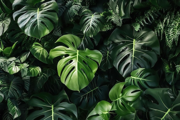 Trendy Tropische Monstera Blätter in grünen Farbtönen Kinematografische Aufnahme KI-generiert