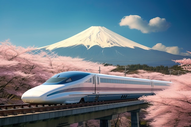Foto los trenes bala pasan por el monte fuji y shibazakura en la primavera shinkansen en japón