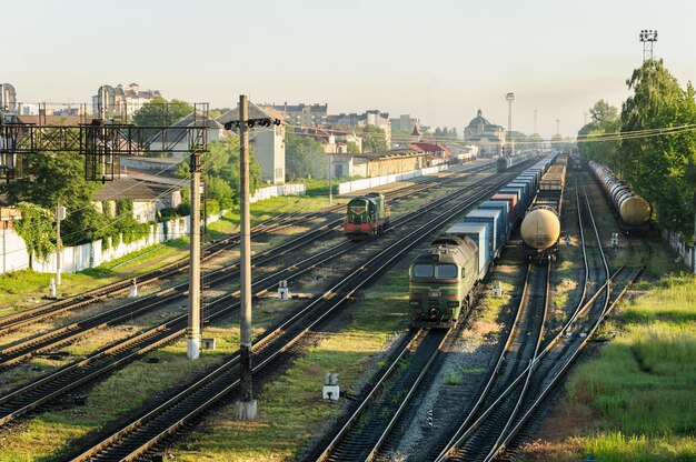 Trenes de mercancías con vagones de diferentes tipos.