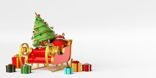 Trenó cheio de presentes de Natal e renderização 3D da árvore de Natal