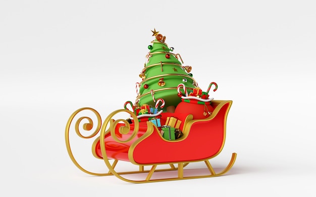 Foto trenó cheio de presentes de natal e renderização 3d da árvore de natal