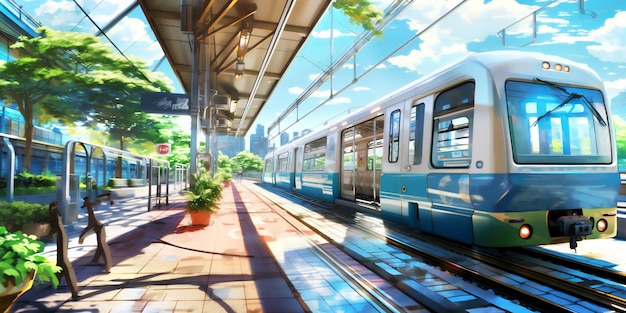 Trens de metrô fundo cena ao ar livre ilustração de anime sem pessoas