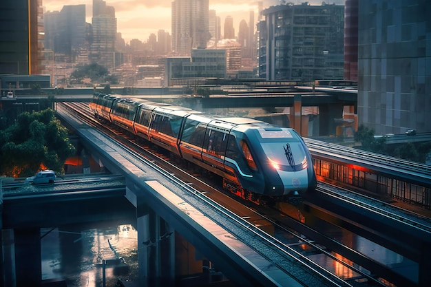 Trens futuristas maglev deslizando silenciosamente por uma extensa paisagem urbana