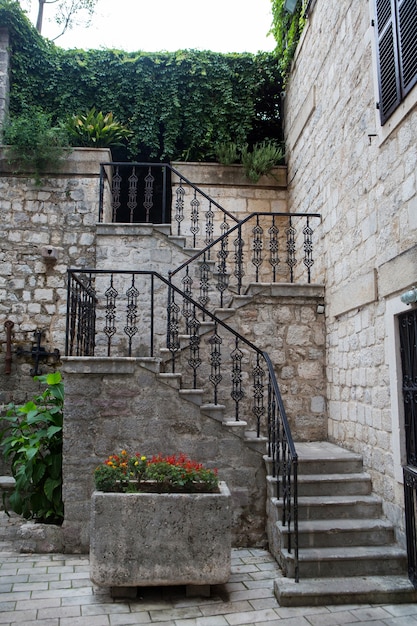 Treppe mit Eisengeländern und Blumen