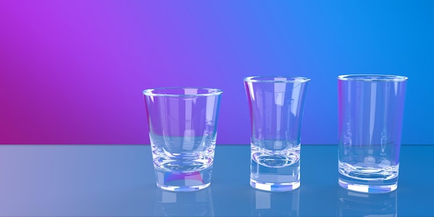 Tres 3 disparos diferentes o vasos de chupito en una fila 3D prestados en un colorido fondo de fiesta