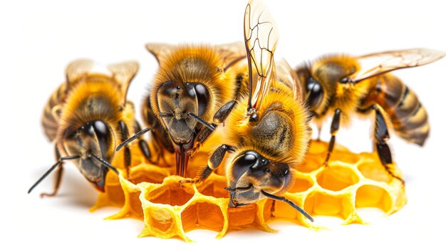 Tres abejas están comiendo miel de un panal