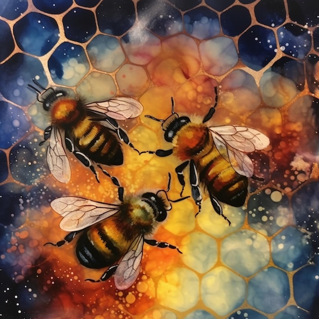 tres abejas están sentadas en un trozo de panal con un fondo azul ai generativo