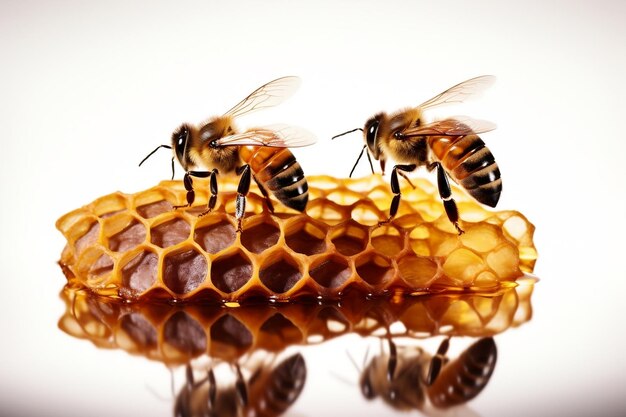 Tres abejas y panal de miel aislado sobre fondo transparente ia