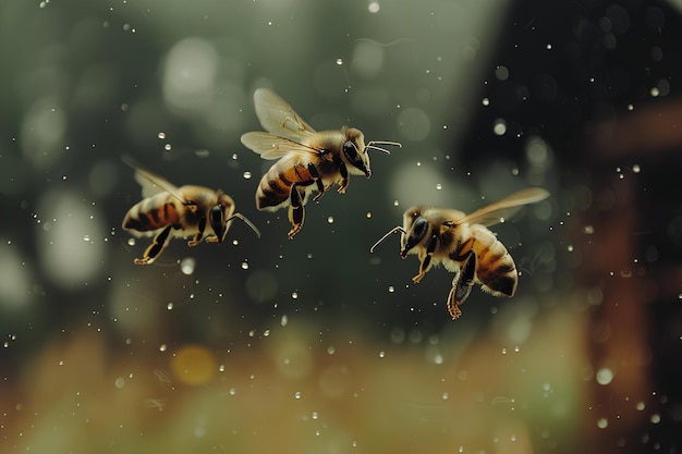 Tres abejas volando en el aire en la lluvia fuera de una casa con gotas de agua en la ventana de un