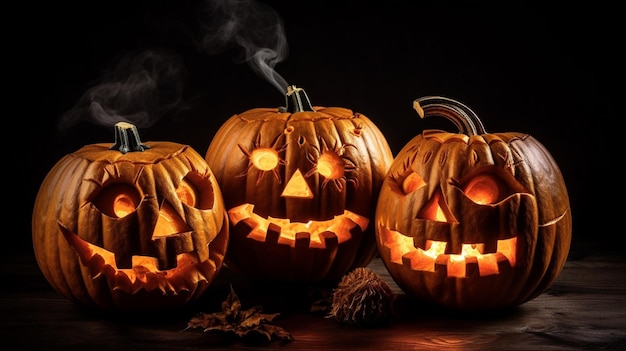 Três abóboras com as palavras halloween na frente