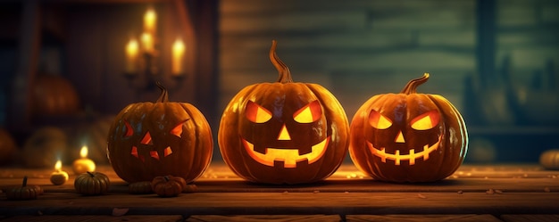 Três abóboras Jack O39 Lantern de Halloween criadas com tecnologia de IA generativa