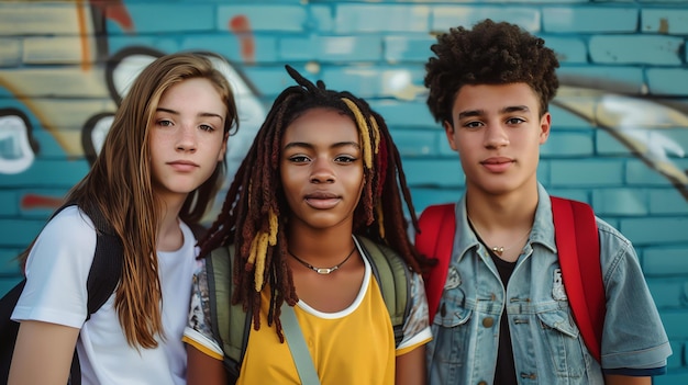 Foto três adolescentes diversos uma menina com cabelos castanhos longos uma garota com cabelos pretos longos e um menino com cabelos curtos pretos posando na frente de um walk de tijolos azuis