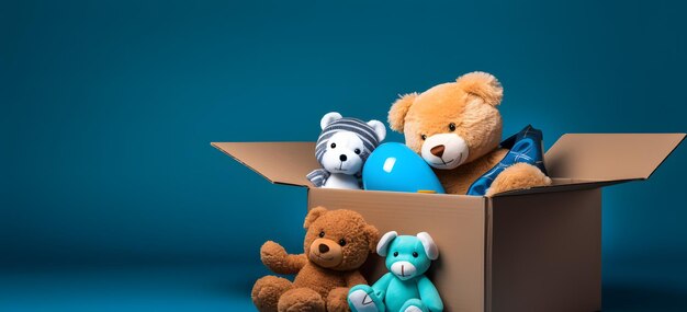 Tres adorables osos de peluche con un globo azul en una caja Colección de juguetes lindos y lúdicos para niños IA generativa