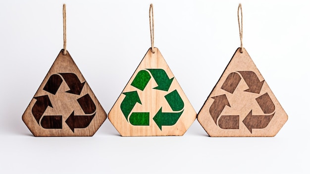 tres adornos de madera con símbolos reciclables que cuelgan de cuerdas ai generativo