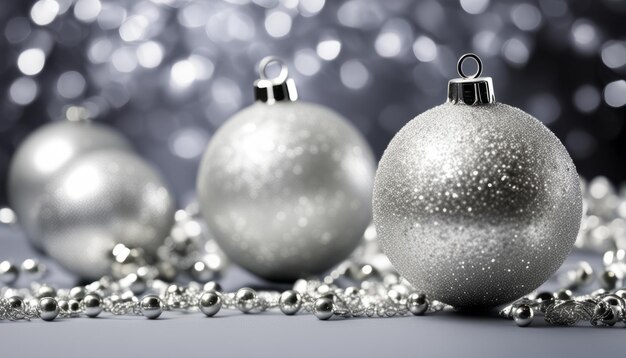 Tres adornos de Navidad de plata en una mesa