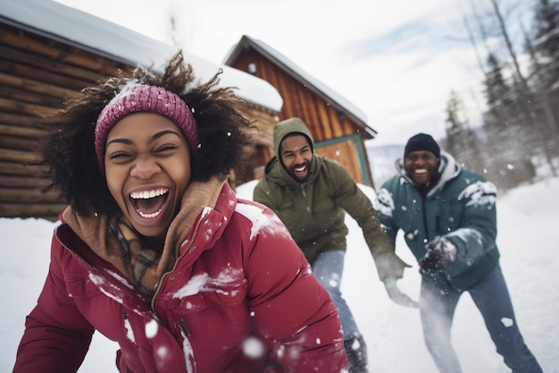 Três adultos brincando alegremente na neve vestidos com roupas de inverno